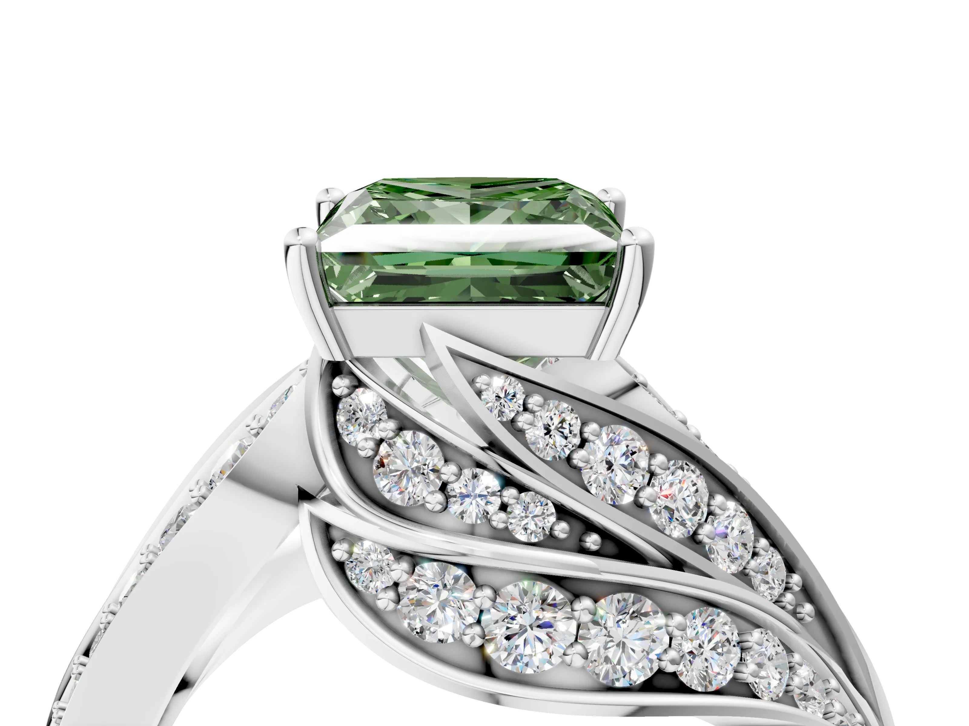 White gold Fancy Green Princess Cut Diamond Solitaire Ring with Prong Setting and Twisted Pavé Band_16
