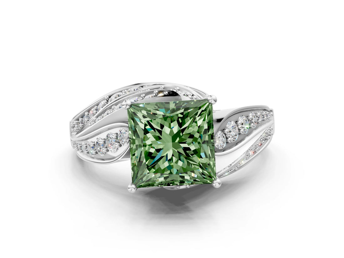 White gold Fancy Green Princess Cut Diamond Solitaire Ring with Prong Setting and Twisted Pavé Band_24