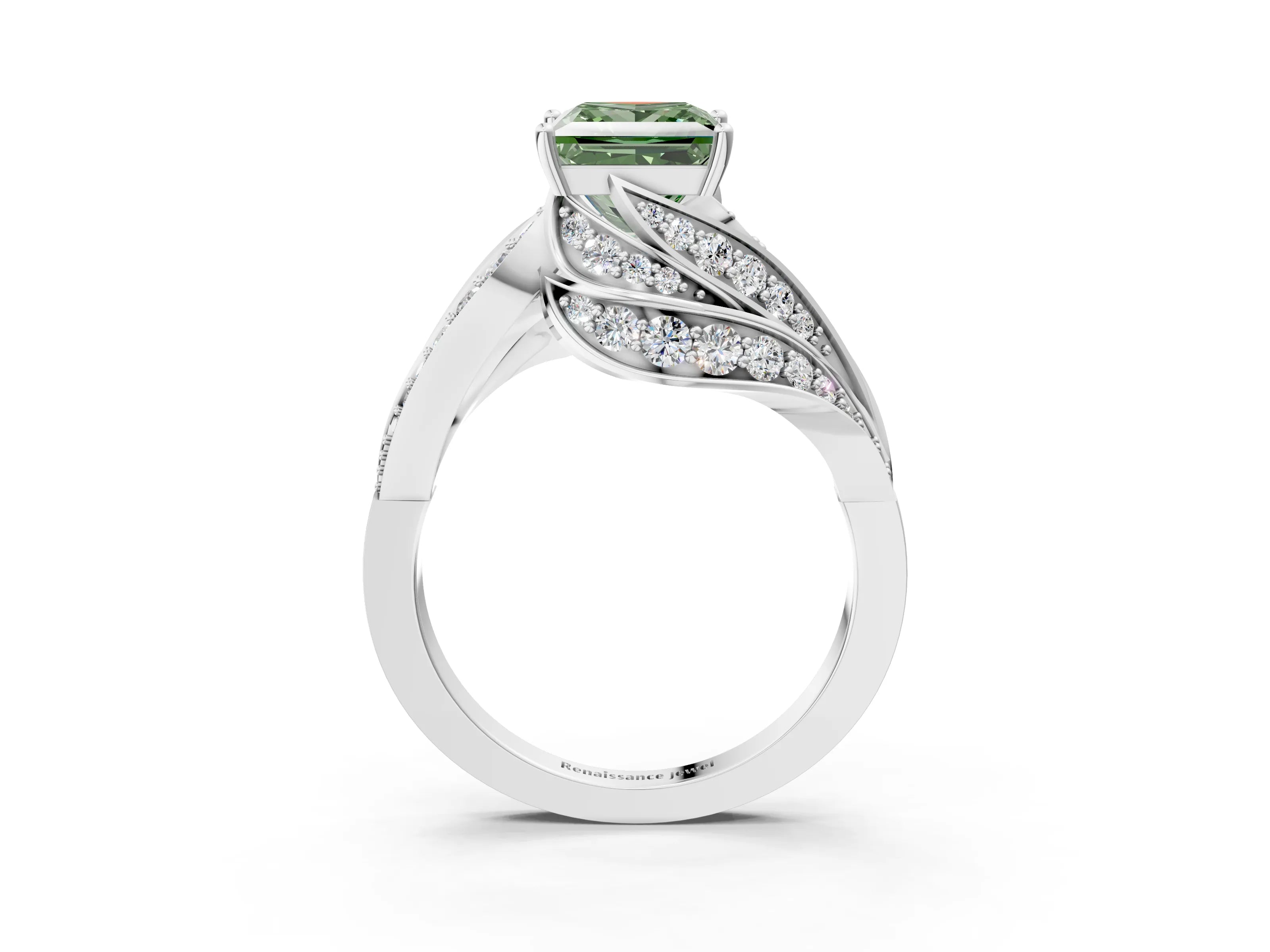 White gold Fancy Green Princess Cut Diamond Solitaire Ring with Prong Setting and Twisted Pavé Band_27