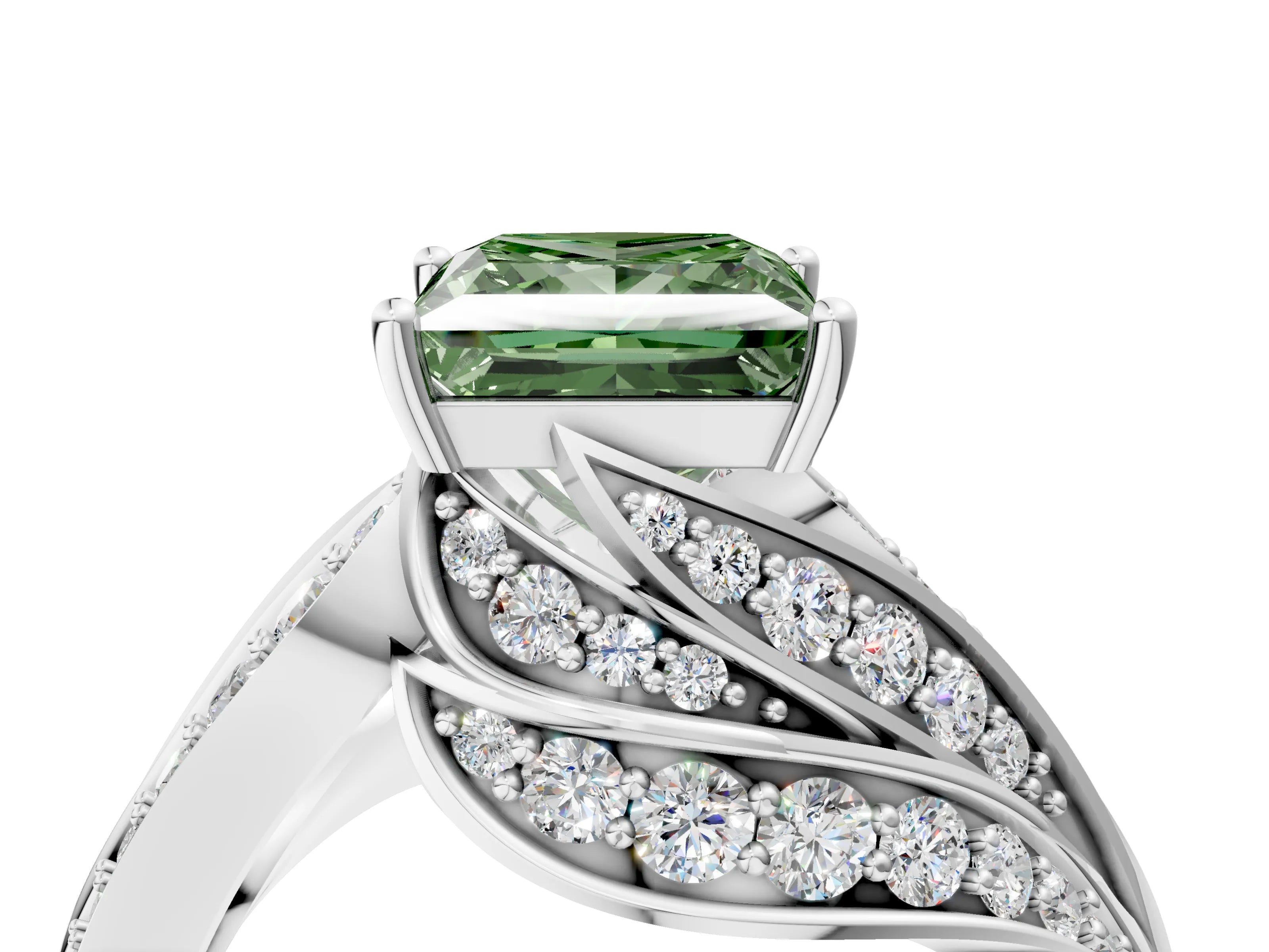 White gold Fancy Green Princess Cut Diamond Solitaire Ring with Prong Setting and Twisted Pavé Band_28
