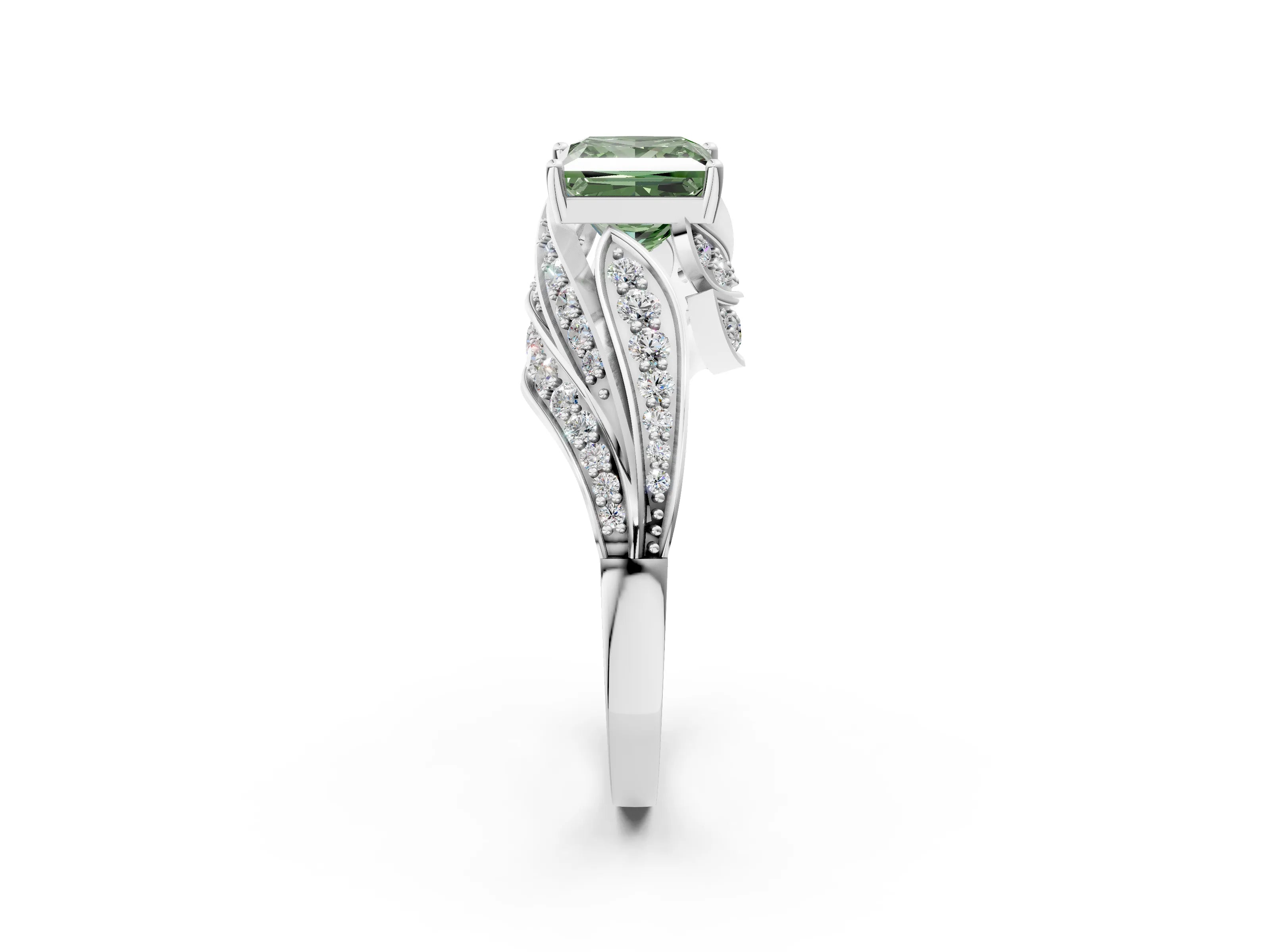 White gold Fancy Green Princess Cut Diamond Solitaire Ring with Prong Setting and Twisted Pavé Band_2