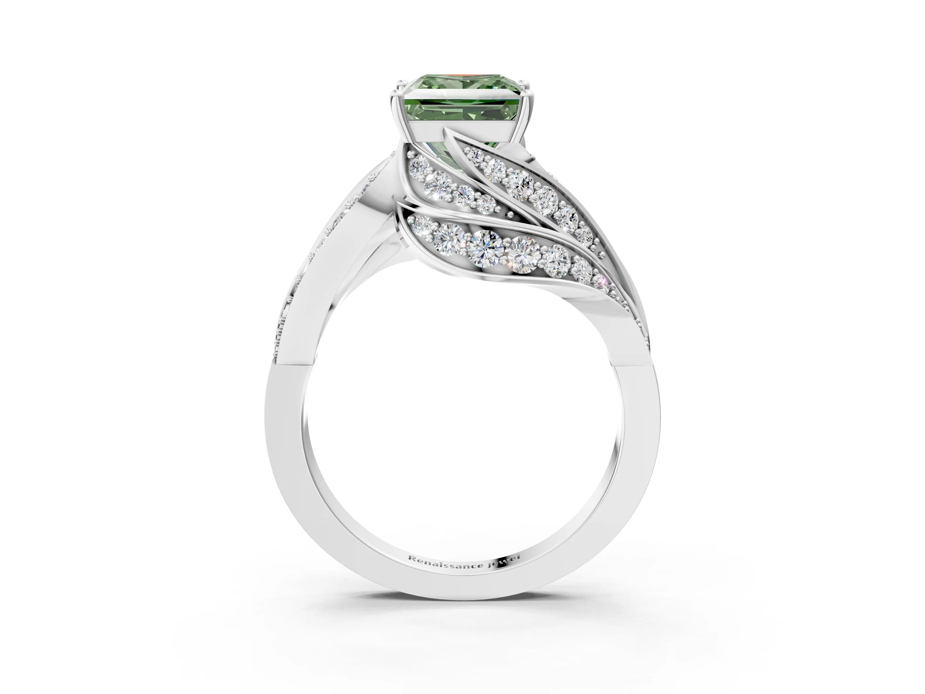 White gold Fancy Green Princess Cut Diamond Solitaire Ring with Prong Setting and Twisted Pavé Band_3