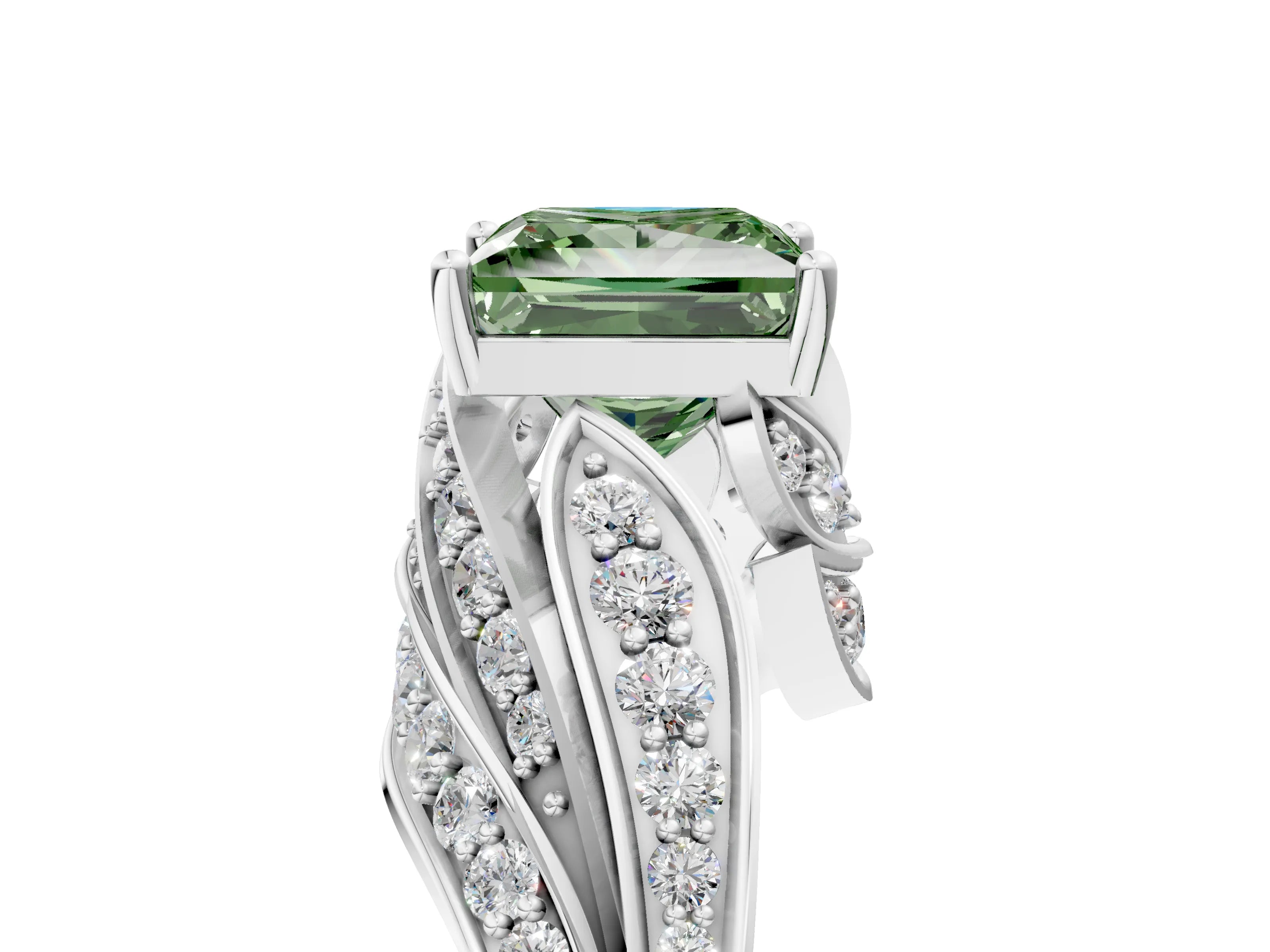 White gold Fancy Green Princess Cut Diamond Solitaire Ring with Prong Setting and Twisted Pavé Band_5