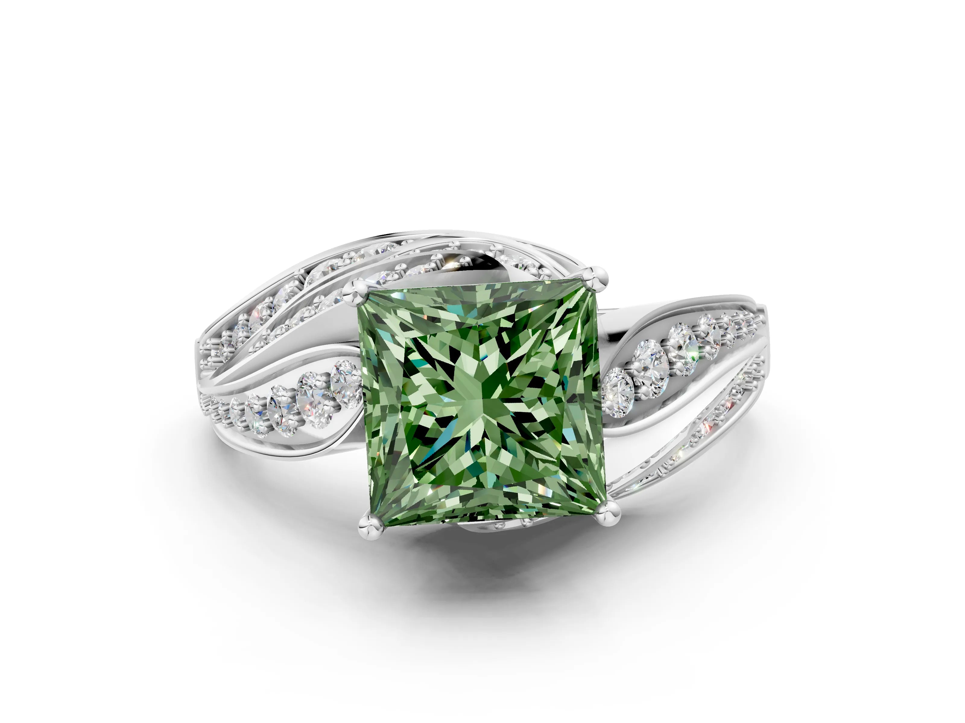 White gold Fancy Green Princess Cut Diamond Solitaire Ring with Prong Setting and Twisted Pavé Band