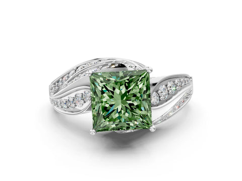 White gold Fancy Green Princess Cut Diamond Solitaire Ring with Prong Setting and Twisted Pavé Band