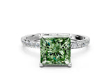 White gold Fancy Green Princess Cut Diamond Solitaire Ring with Round  Pavé Band and Prong Setting_77