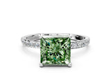 White gold Fancy Green Princess Cut Diamond Solitaire Ring with Round  Pavé Band and Prong Setting_89