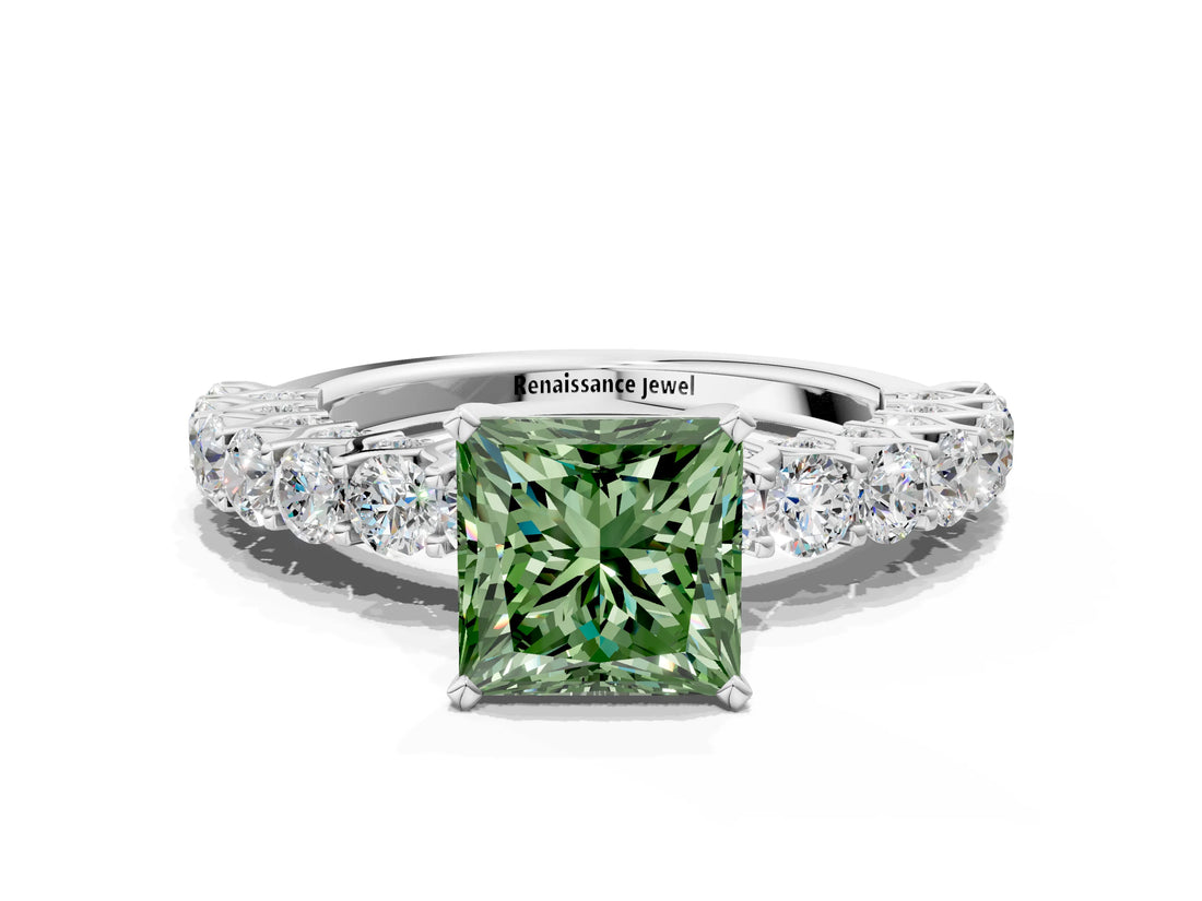 White gold Fancy Green Princess Cut Diamond Solitaire Ring with Shared Prong Pavé Band and Four-Prong Setting_46