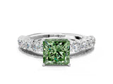 White gold Fancy Green Princess Cut Diamond Solitaire Ring with Shared Prong Pavé Band and Four-Prong Setting_46