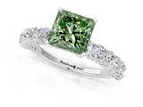 White gold Fancy Green Princess Cut Diamond Solitaire Ring with Shared Prong Pavé Band and Four-Prong Setting_47