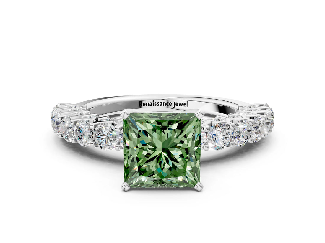 White gold Fancy Green Princess Cut Diamond Solitaire Ring with Shared Prong Pavé Band and Four-Prong Setting_61