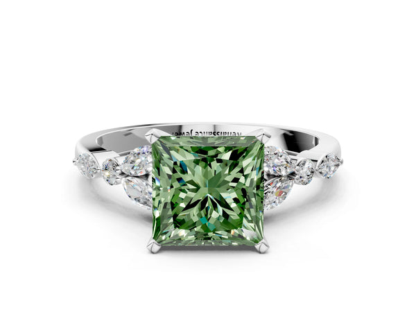 White gold Fancy Green Princess Cut Diamond Solitaire Ring with Side Stones and Four-Prong Setting