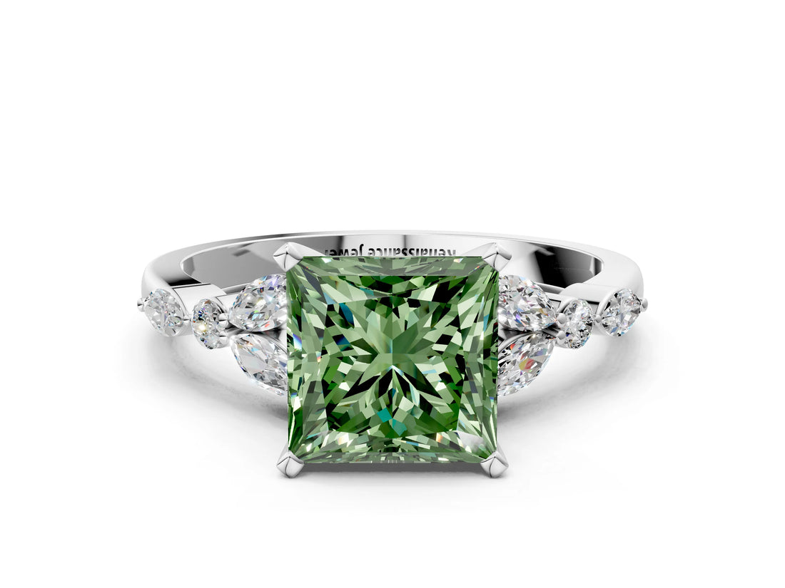 White gold Fancy Green Princess Cut Diamond Solitaire Ring with Side Stones and Four-Prong Setting_41
