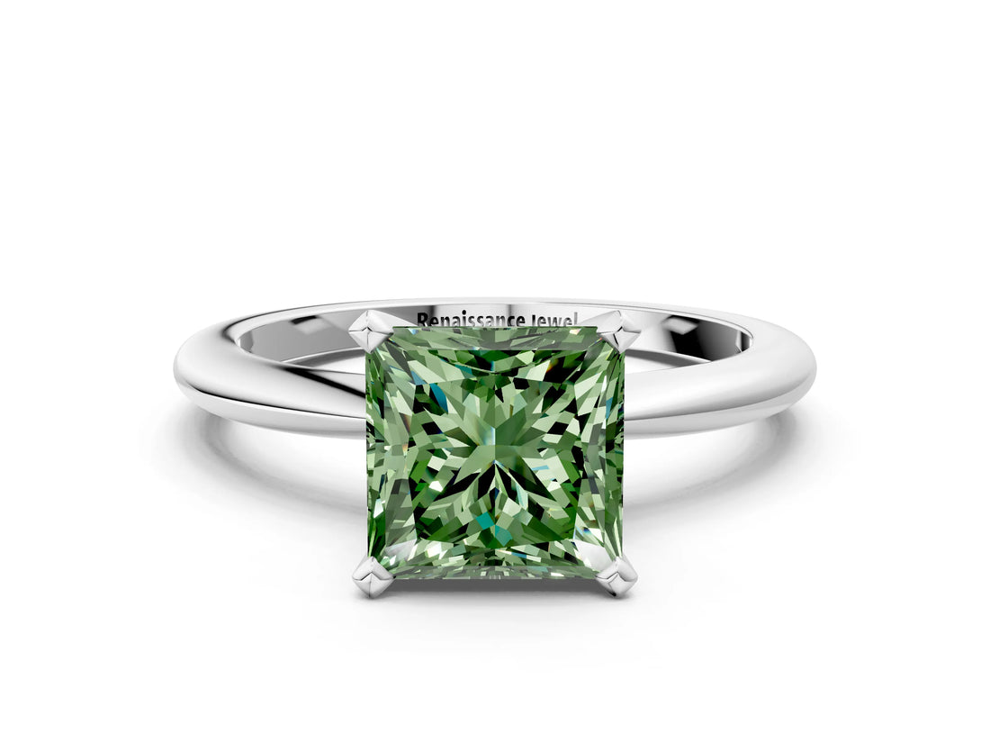 White gold Fancy Green Princess Cut Diamond Solitaire Ring with Six-Prong Setting and Classic Band_35