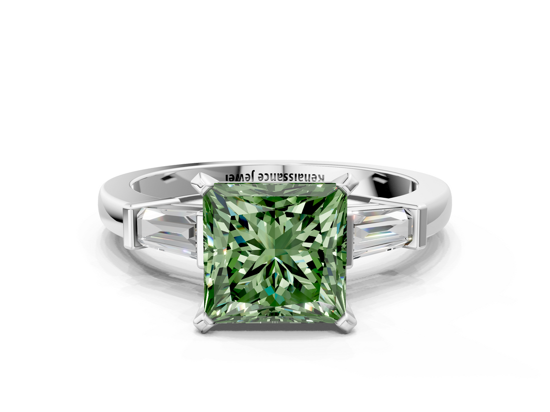 White gold Fancy Green Princess  Cut Diamond Solitaire Ring with Tapered Baguette Accents and Four-Prong Setting