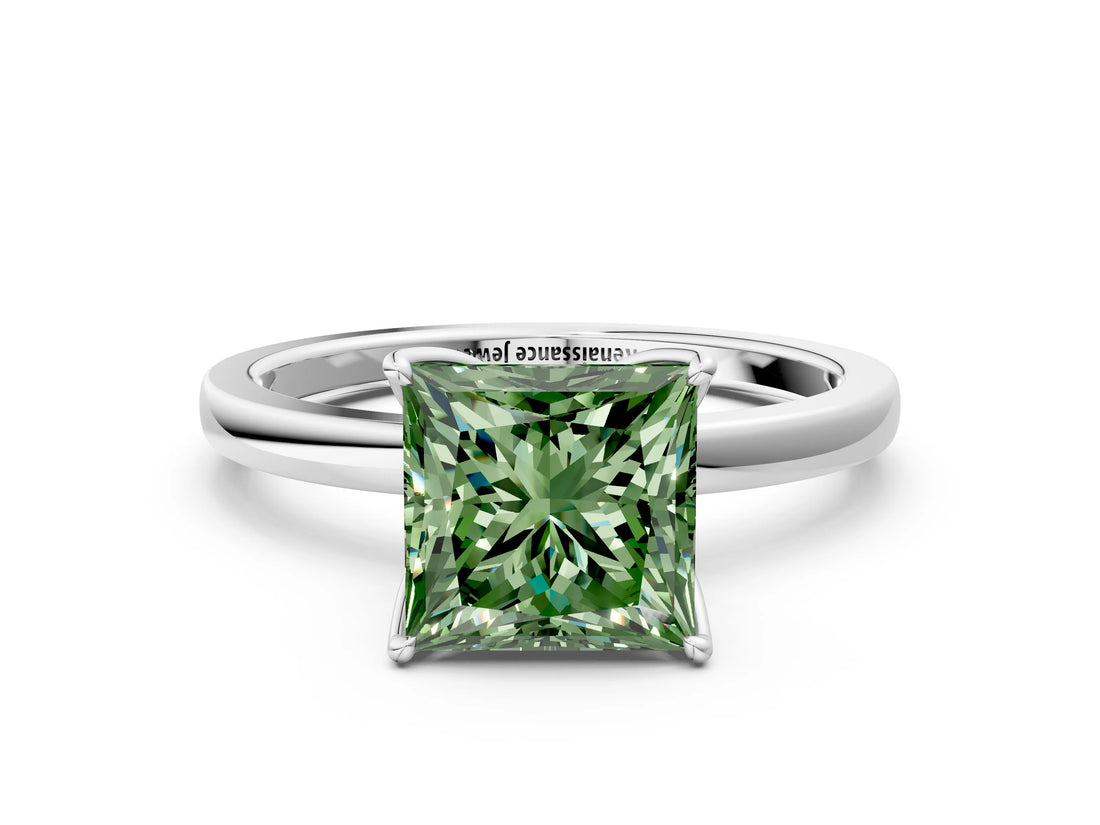 White gold Fancy Green Princess Cut Diamond Solitaire Ring with Thin Band and Prong Setting_28