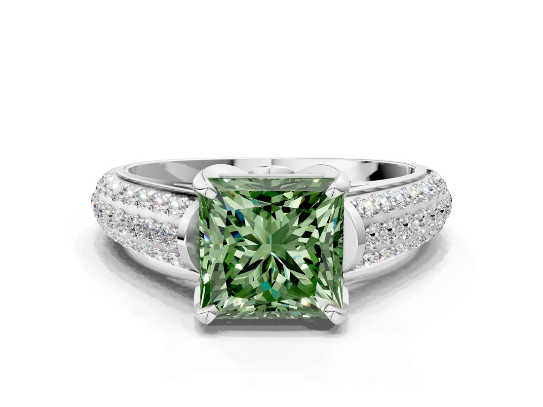 White gold Fancy Green Princess Cut Diamond Solitaire Ring with Three-Row Pavé Band and Four-Prong Setting_29
