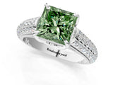 White gold Fancy Green Princess Cut Diamond Solitaire Ring with Three-Row Pavé Band and Four-Prong Setting_30