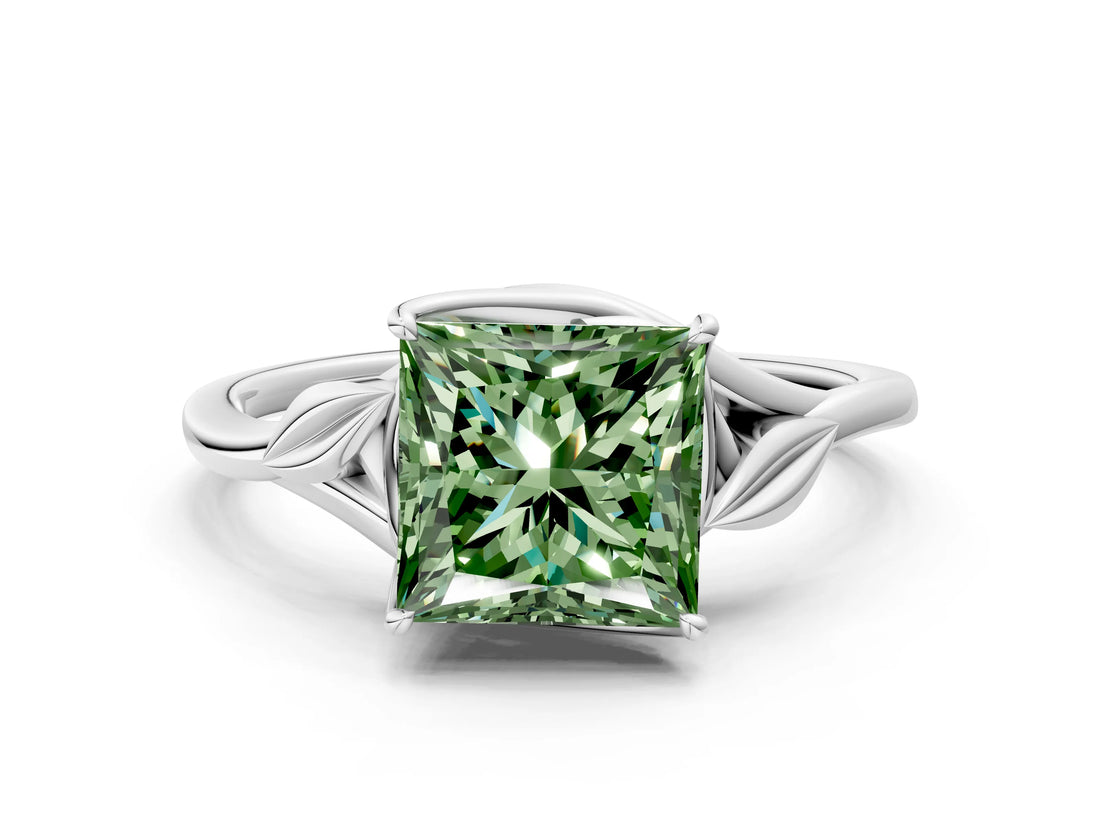 White gold Fancy Green Princess Cut Diamond Solitaire Ring with Twist Band and Four-Prong Setting_73
