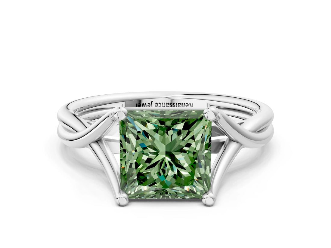 White gold Fancy Green Princess Cut Diamond Solitaire Twist Band Prong Setting Ring_103