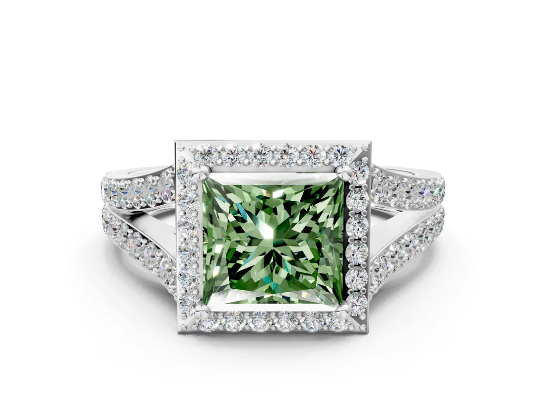 White gold Fancy Green Princess Cut Diamond Split Shank Halo Ring with Four-Prong Setting_40