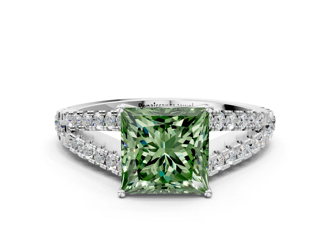 White gold Fancy Green Princess Cut Diamond Split Shank Pavé Engagement Ring with Four-Prong Setting_29