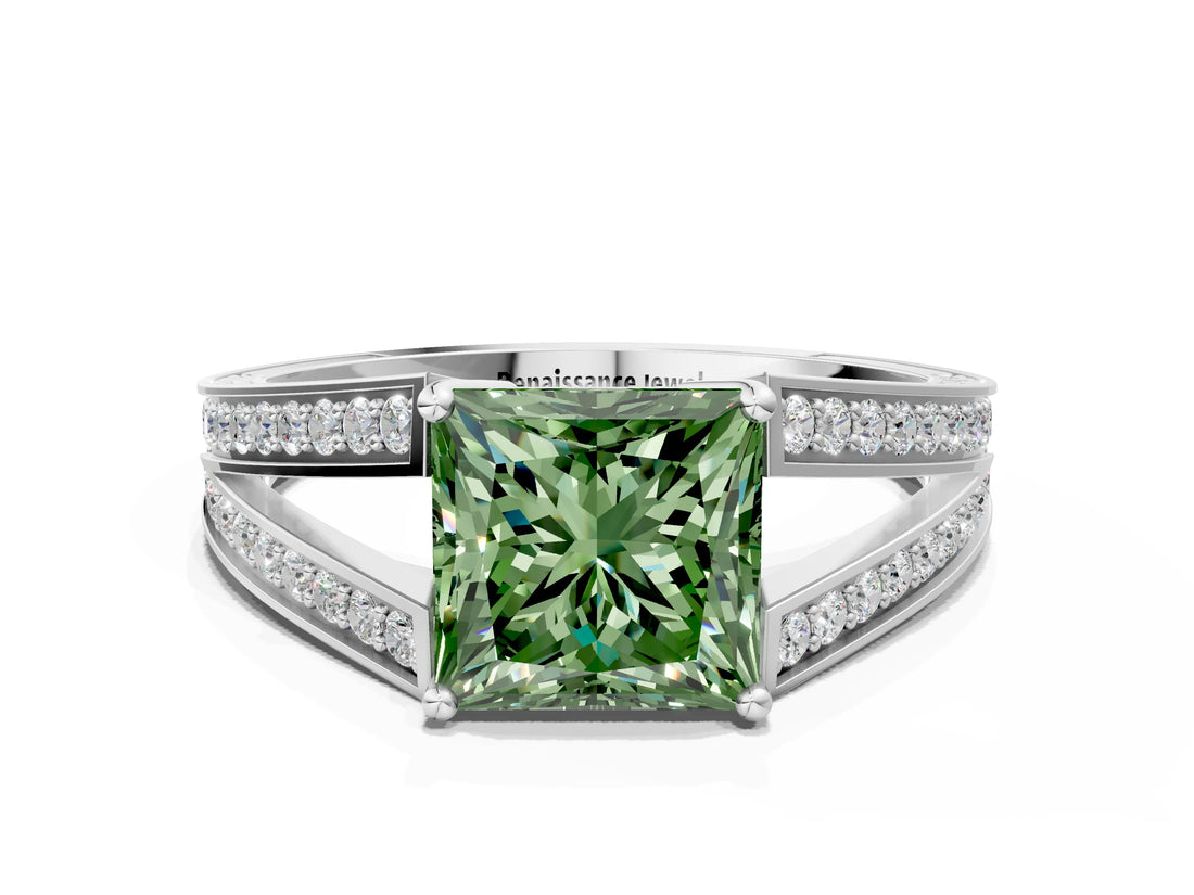 White gold Fancy Green Princess Cut Diamond Split Shank Ring with Pavé Band and Four-Prong Setting_18