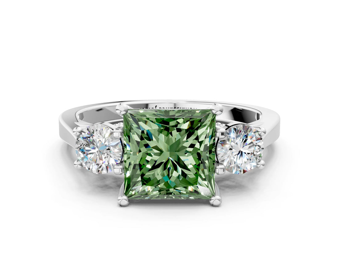 White gold Fancy Green Princess Cut Diamond Three-Stone Engagement Ring with Prong Setting and Pavé Band