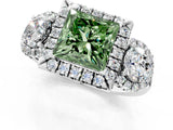 White gold Fancy Green Princess Cut Diamond Three-Stone Halo Ring with Prong Setting and Pavé Accents_1