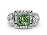 White gold Fancy Green Princess Cut Diamond Three-Stone Halo Ring with Prong Setting and Pavé Accents