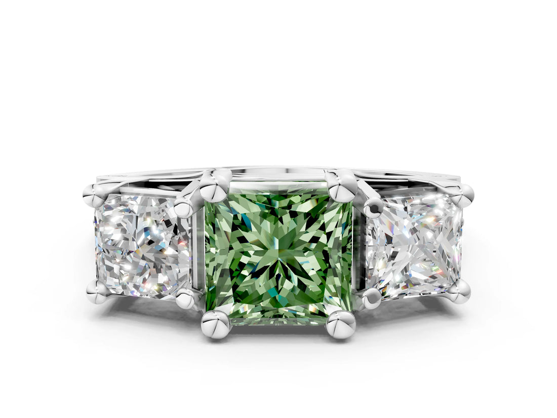 White gold Fancy Green Princess Cut Diamond Three-Stone Ring with Channel Set Band and Four-Prong Setting_45