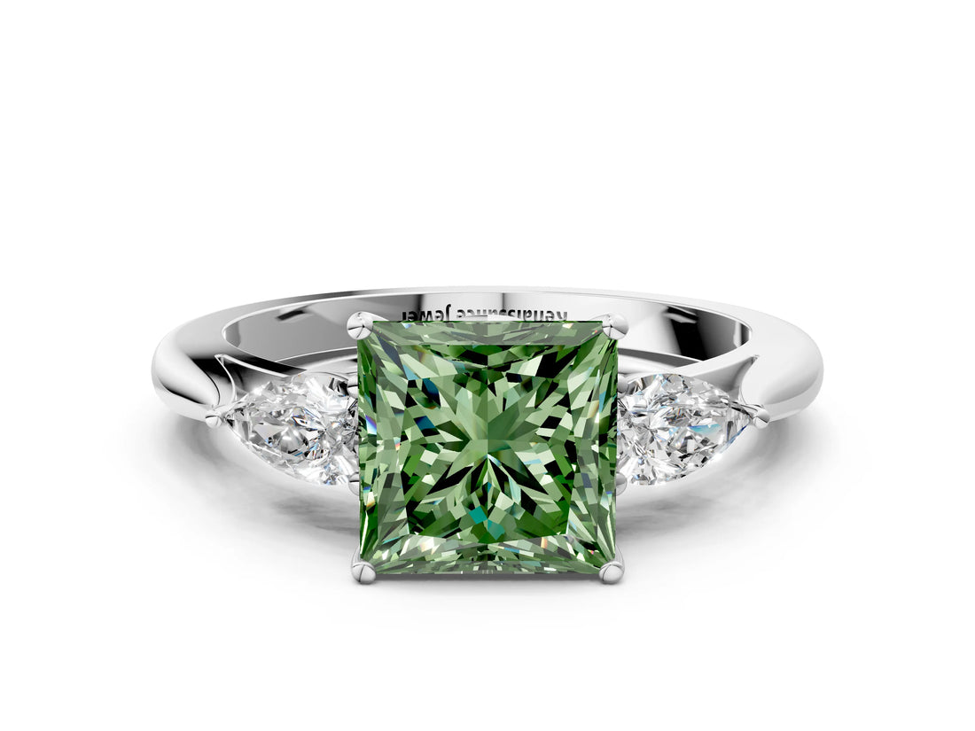 White gold Fancy Green Princess Cut Diamond Three-Stone Ring with Pear  Side Stones and Prong Setting_118
