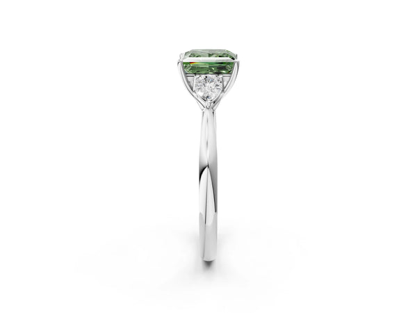 Sterling Silver Princess Cut Three Stone Pear Side Engagement Ring Setting for Fancy Green Center