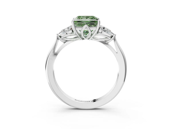Platinum Princess Cut Three Stone Pear Side Engagement Ring Setting for Fancy Green Center