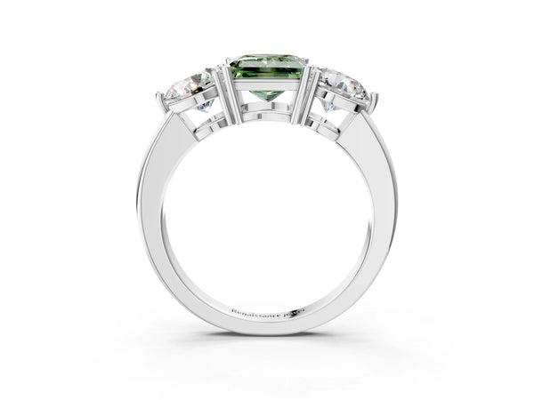 Platinum Fancy Green Princess Cut Diamond Three-Stone Ring with Prong Setting and Classic Band