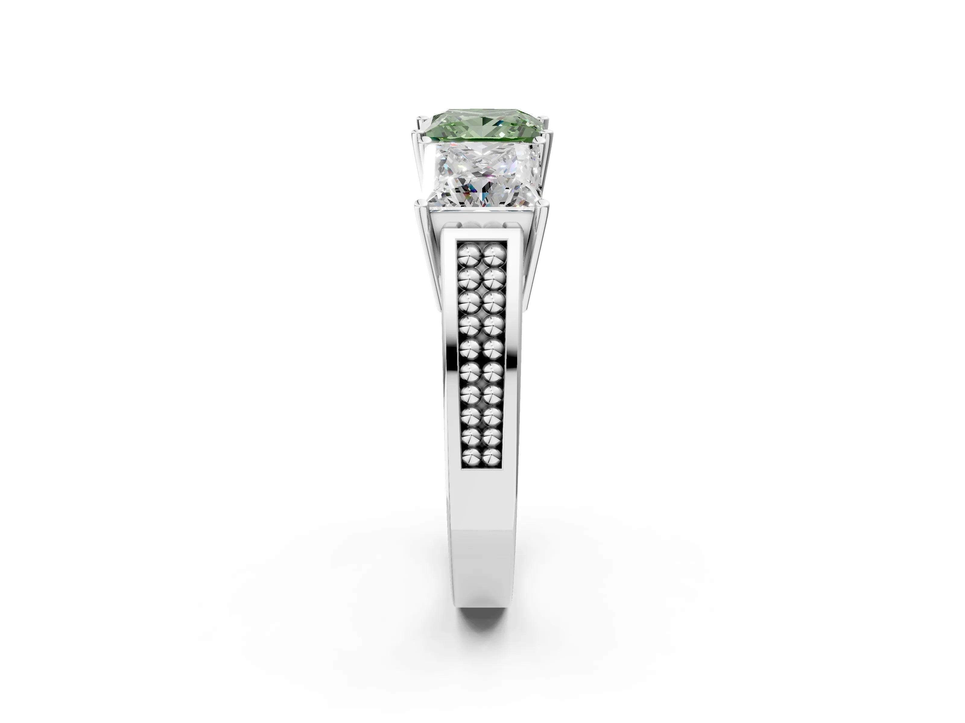 White gold Fancy Green Princess Cut Diamond Three-Stone Ring with Prong Setting and Textured Band_11