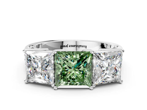 White gold Fancy Green Princess Cut Diamond Three-Stone Ring with Prong Setting and Textured Band_12