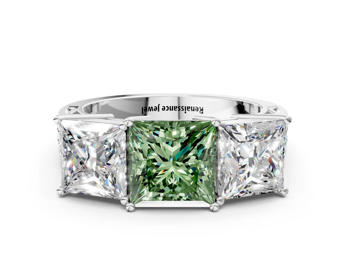 White gold Fancy Green Princess Cut Diamond Three-Stone Ring with Prong Setting and Textured Band_21
