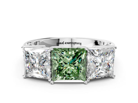 White gold Fancy Green Princess Cut Diamond Three-Stone Ring with Prong Setting and Textured Band_24