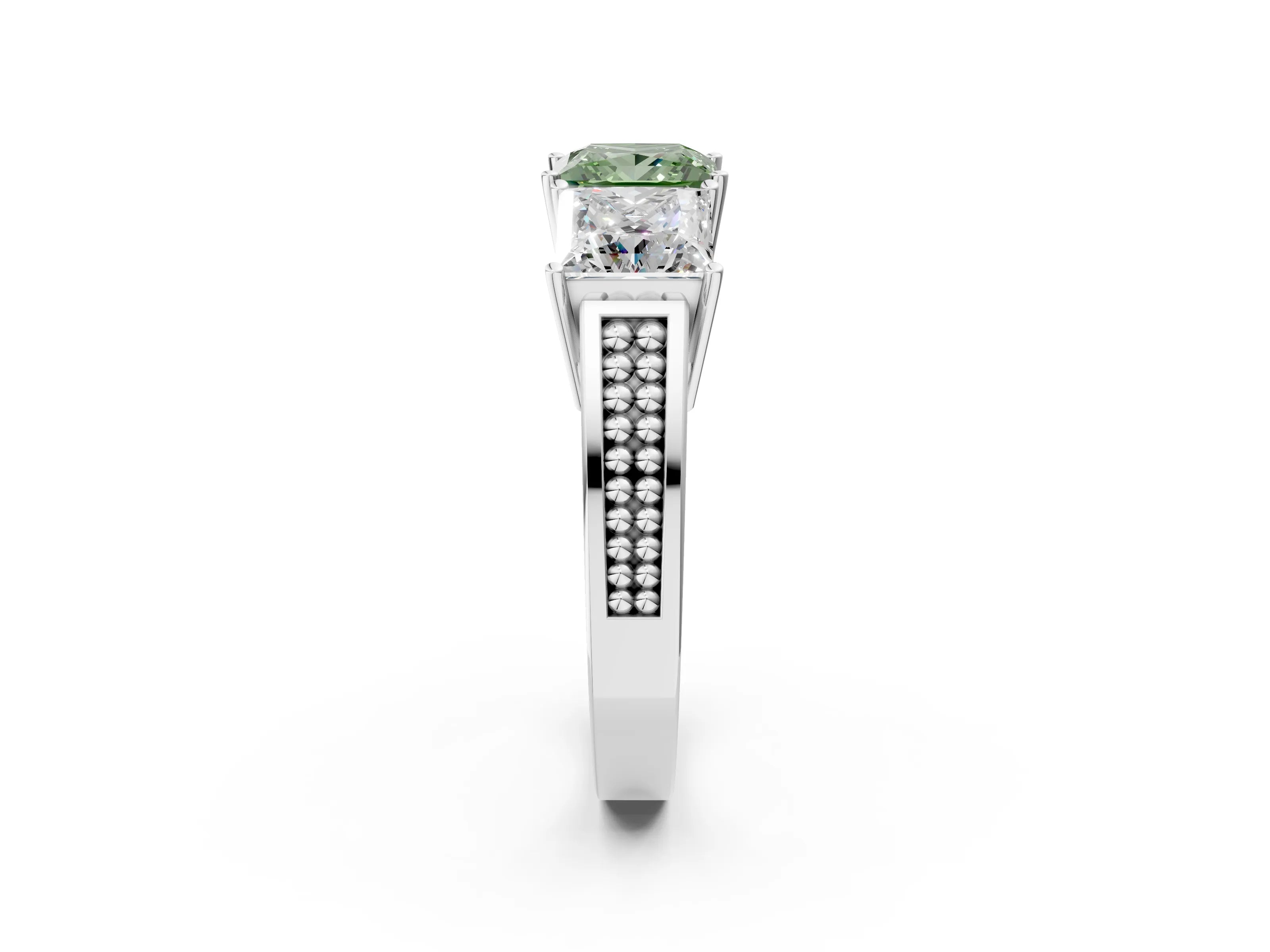 White gold Fancy Green Princess Cut Diamond Three-Stone Ring with Prong Setting and Textured Band_26