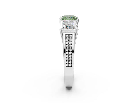 White gold Fancy Green Princess Cut Diamond Three-Stone Ring with Prong Setting and Textured Band_26