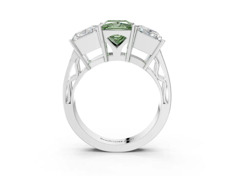 White gold Fancy Green Princess Cut Diamond Three-Stone Ring with Prong Setting and Textured Band_27