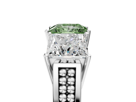 White gold Fancy Green Princess Cut Diamond Three-Stone Ring with Prong Setting and Textured Band_29