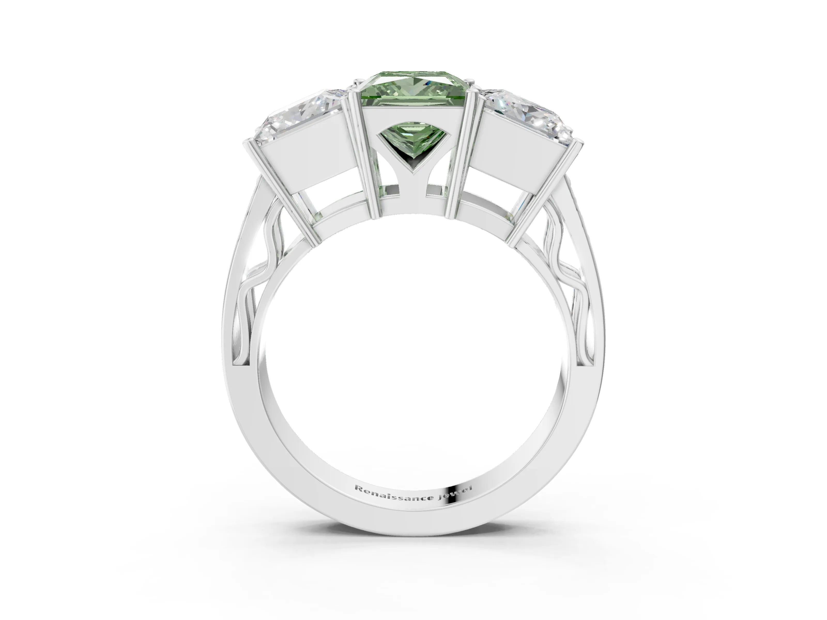 White gold Fancy Green Princess Cut Diamond Three-Stone Ring with Prong Setting and Textured Band_3