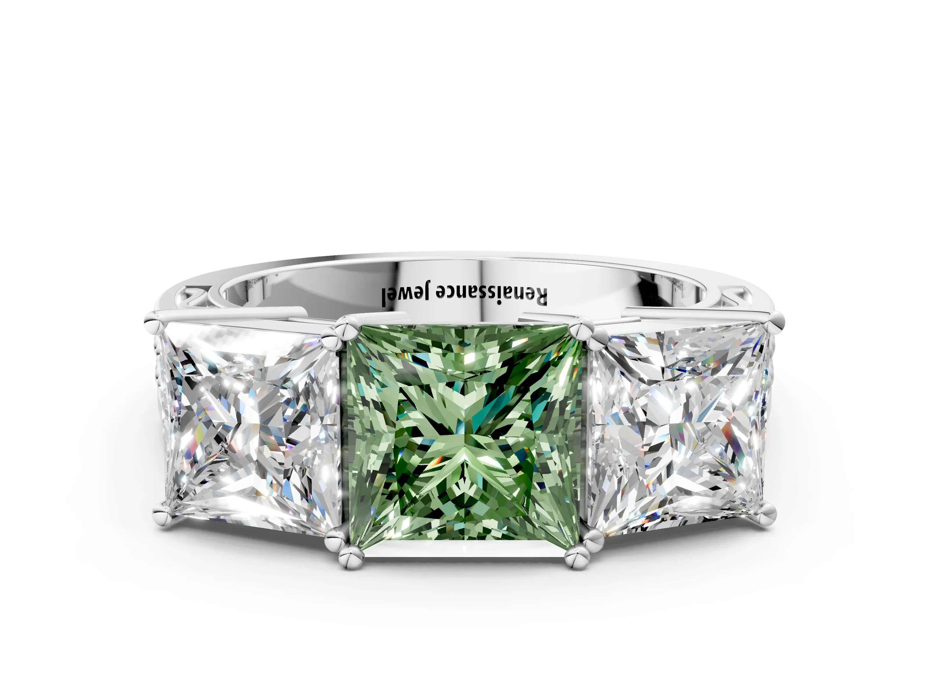 White gold Fancy Green Princess Cut Diamond Three-Stone Ring with Prong Setting and Textured Band_33