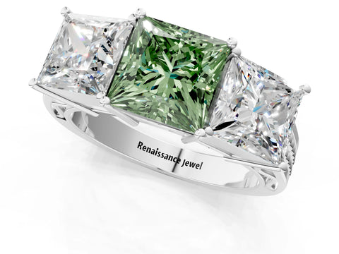 White gold Fancy Green Princess Cut Diamond Three-Stone Ring with Prong Setting and Textured Band_34