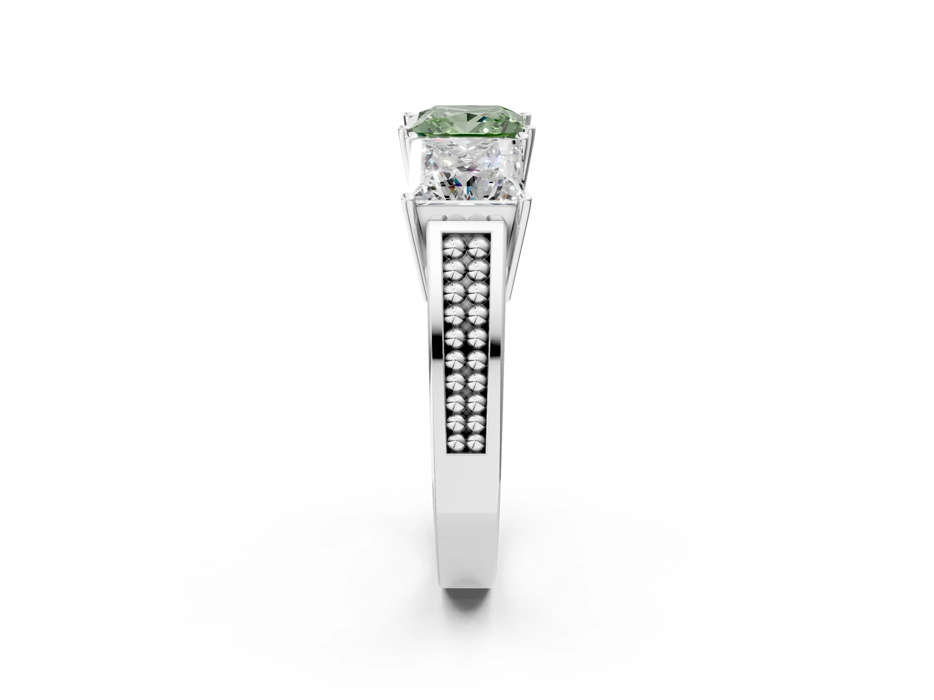 White gold Fancy Green Princess Cut Diamond Three-Stone Ring with Prong Setting and Textured Band_35