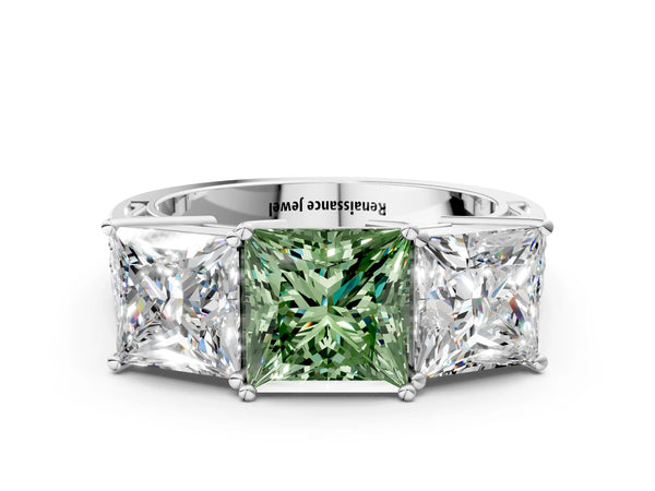 Platinum Fancy Green Princess Cut Diamond Three-Stone Ring with Prong Setting and Textured Band