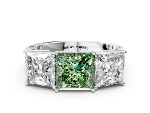 White gold Fancy Green Princess Cut Diamond Three-Stone Ring with Prong Setting and Textured Band_36