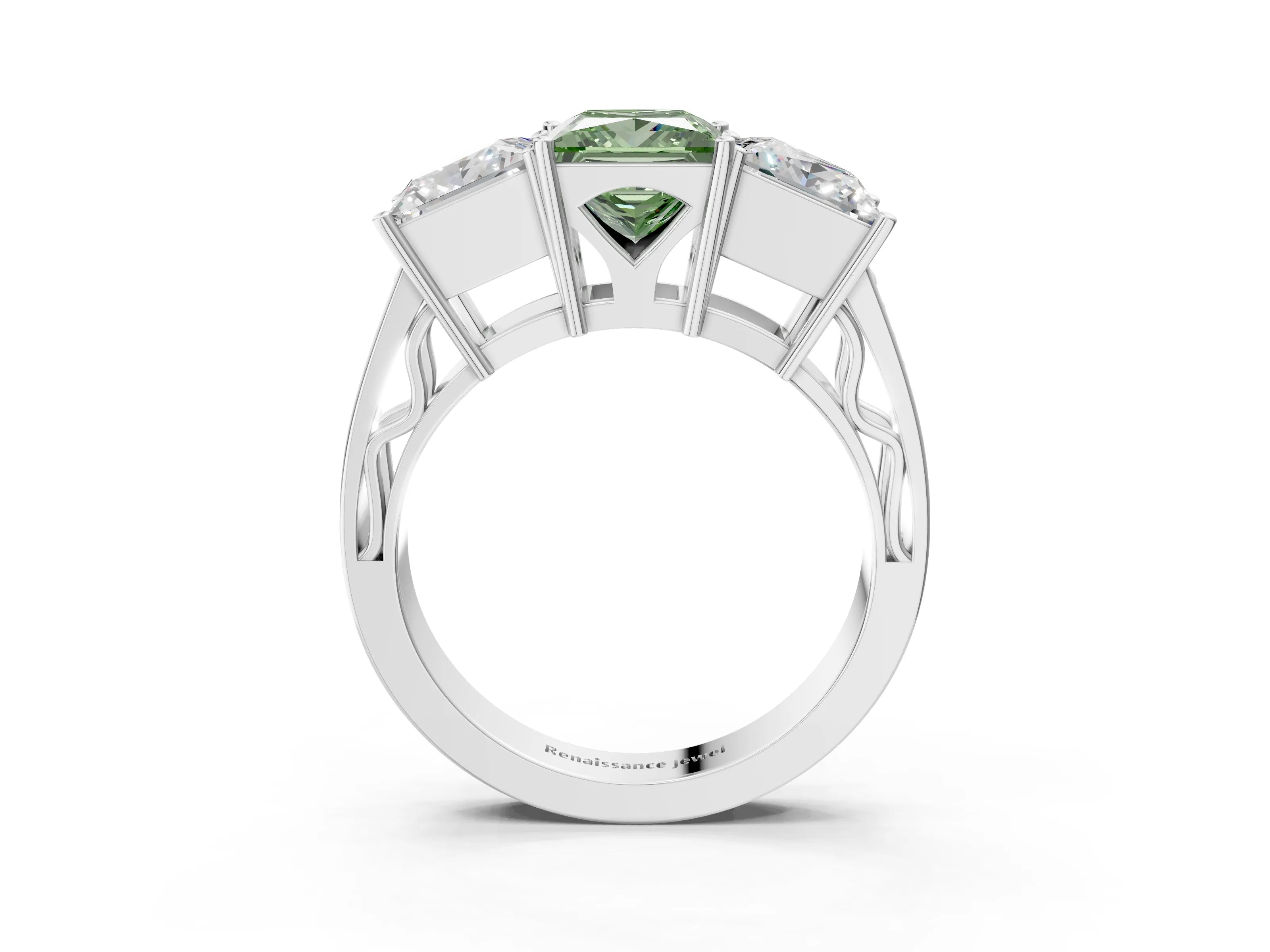 White gold Fancy Green Princess Cut Diamond Three-Stone Ring with Prong Setting and Textured Band_36
